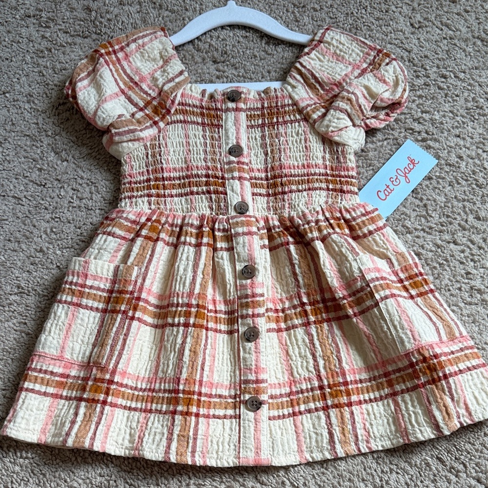 Cat & Jack Cream Plaid Button-Front Puff Sleeve Dress with Pink and Tan Stripes